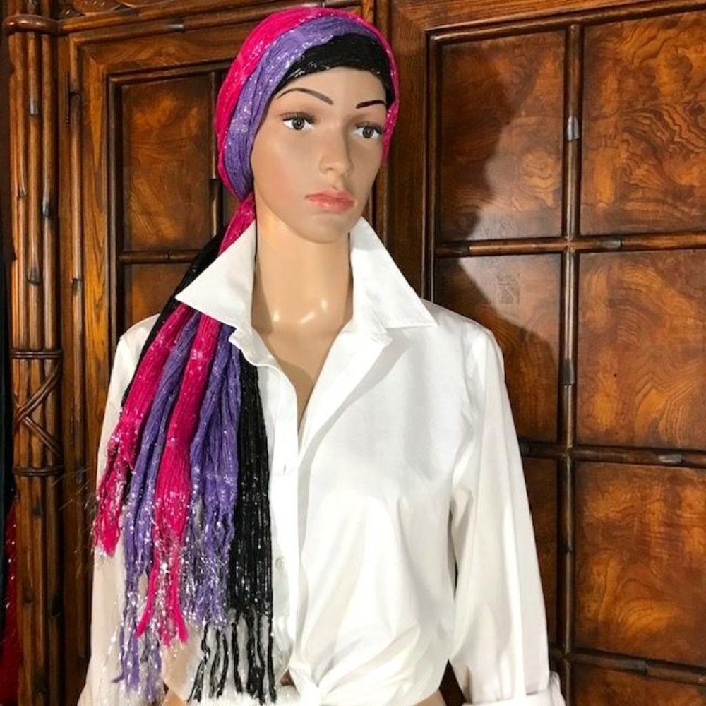 (Set of 3) Pop Metallic Stripe Purple Hot Pink Black Stretch Fringe Scarves